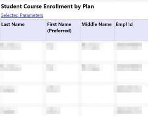 Screenshot of the Student Course Enrollment by Plan Report