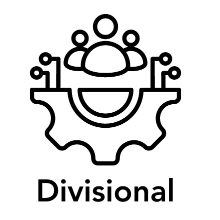 Icon of a gear with wires and outlines of people with the word Divisional